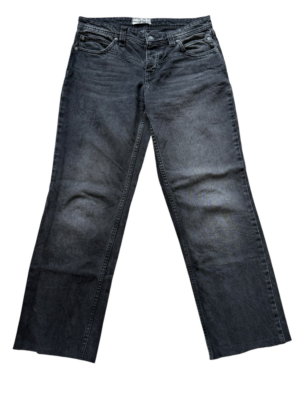 Free People We The Free Shelby Jeans 28 Black Flare Raw Hem Button Fly Denim Y2K
